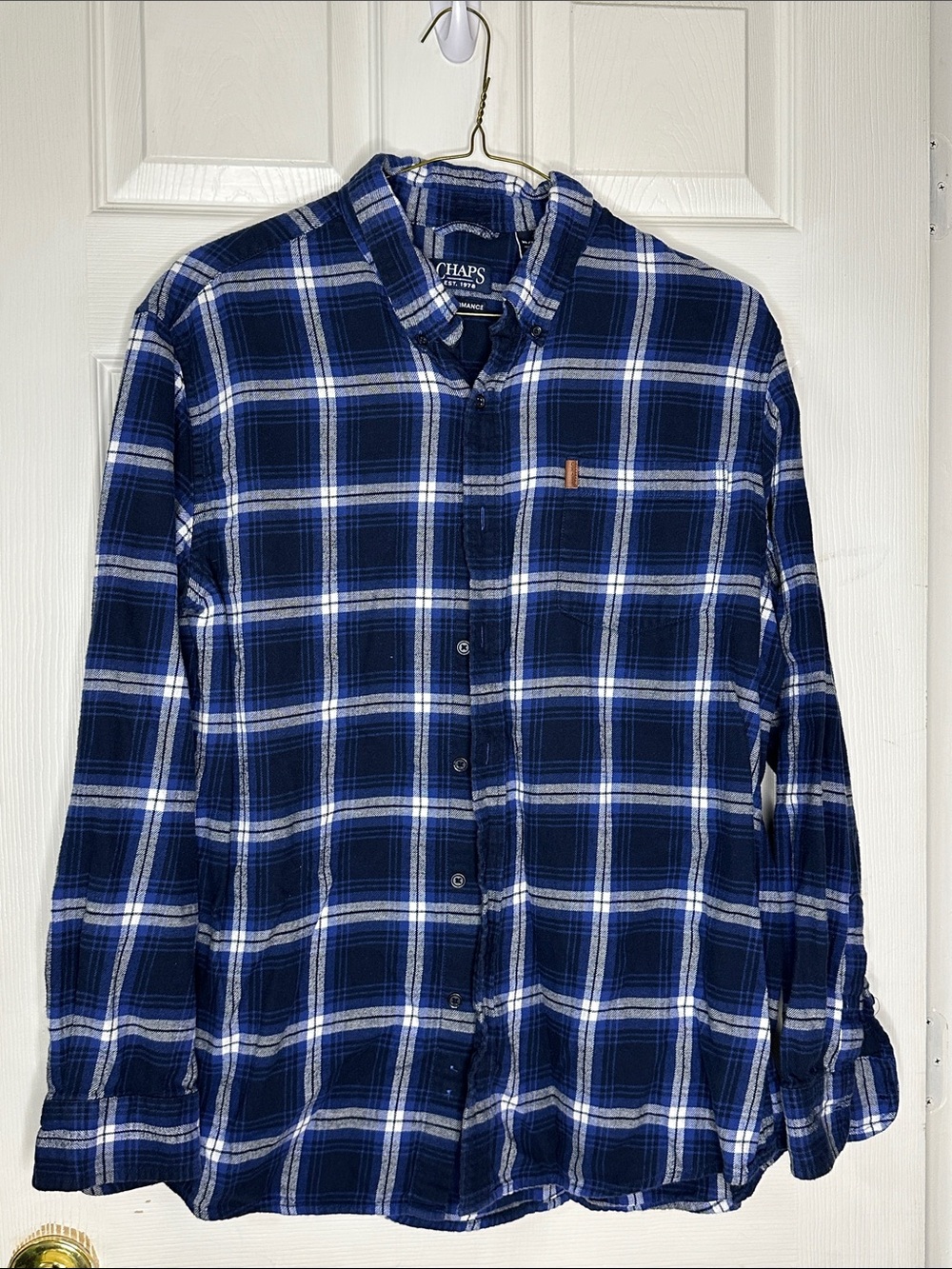 Chaps Men's Navy and White Plaid Button-Down Shirt